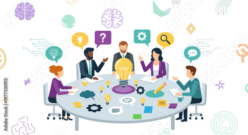 Diverse team collaborates around a round table, brainstorming ideas with a giant illuminated lightbulb centerpiece, surrounded by thought bubbles containing question marks, gears,