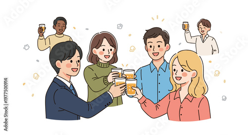 Diverse group of happy people clinking glasses filled with golden liquid, celebrating together with joyful expressions, clean line art, warm color palette, professional and social