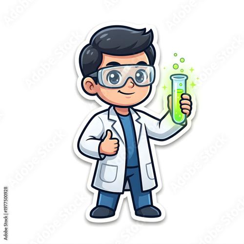 Cute Cartoon Scientist Boy Holding Glowing Test Tube
