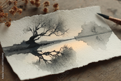 Minimalist ink painting of tree with reflection on textured paper, zen art
