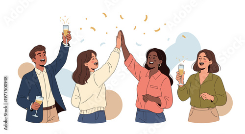 Diverse group of smiling people celebrating with champagne flutes and high-fives, surrounded by golden confetti and soft pastel shapes, conveying joy, success, and teamwork in a
