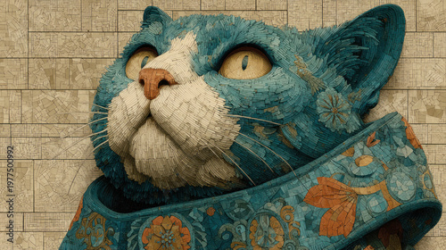 Decorative mosaic cat portrait, textured artistic animal illustration