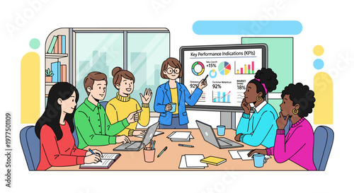 Diverse team collaborates in modern office, analyzing key performance indicators on a large screen featuring charts and graphs, promoting business growth and strategy discussions.
