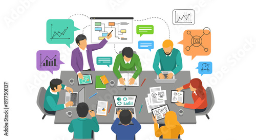 Team collaborating around a conference table, presenting data charts, flowcharts, and digital information on laptops and tablets, fostering productive business discussions and