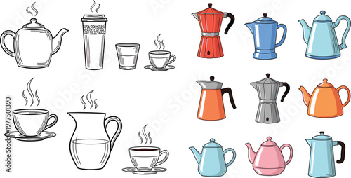 Tea and Coffee Drinkware Illustration Set with Teapots, Cups, Mugs, Kettles, Pitchers and Hot Beverage Kitchen Utensils Collection