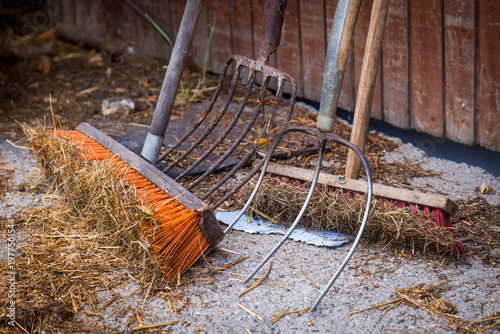 Aufnahme von abgestellten Besen und Mistgabeln an einer Holzwand, mit Schmutzresten.
