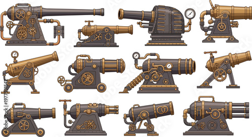 Steampunk Mechanical Cannon Illustration Set with Vintage Industrial Machines, Gears, Pipes, Retro Weapons and Steam Powered Artillery Collection