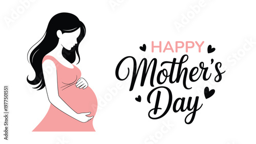 Happy mothers day illustration with pregnant woman and elegant typography celebrating motherhood love care anticipation minimal flat vector design