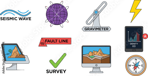 Seismic and Geology Icon Set for Fault Lines, Surveying, Earthquake Monitoring, and Geological Tools