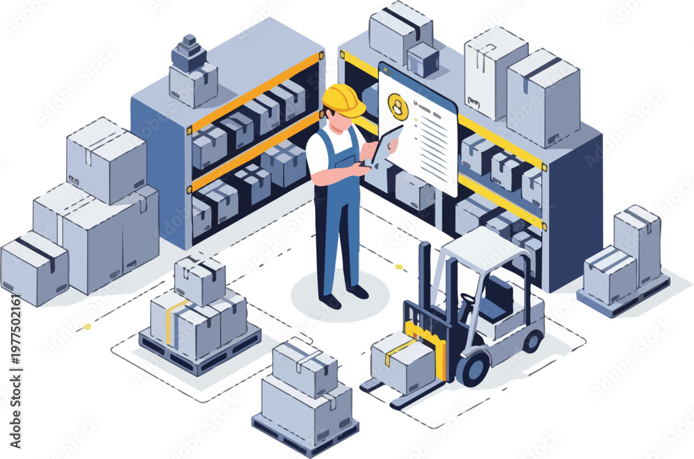 Obraz premium Isometric Warehouse Management and Logistics Illustration with Worker Holding Digital Tablet, Forklift, and Cargo Boxes