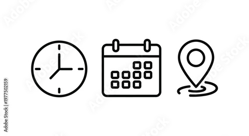 A simple black and white illustration showcasing a clock calendar and location pin icons