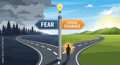 Decision crossroads: choosing courage over fear, with a lightbulb idea