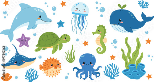 Cute ocean animal vector set with blue whale, dolphin, sea turtle, octopus, stingray, and puffer fish for nautical nursery decor and kids design.