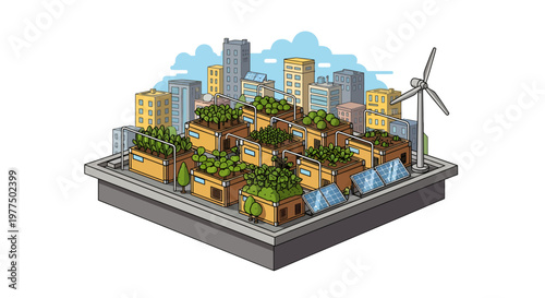 Eco-friendly cityscape with green buildings and wind turbine