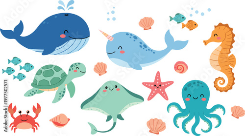 Cute ocean animal vector set with blue whale, narwhal, sea turtle, octopus, stingray, and seahorse illustrations for nautical nursery decor and kids design.