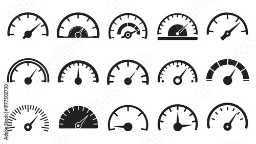 Collection of various speedometer gauge icons in black and white on white background