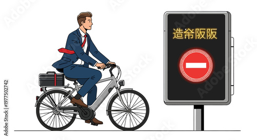 Businessman riding bicycle past no entry sign with Chinese characters