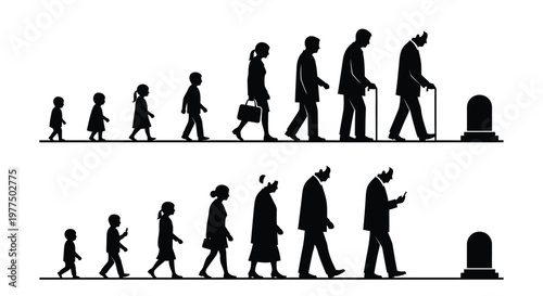 Silhouettes depict the human life cycle from infancy to old age and eventual death