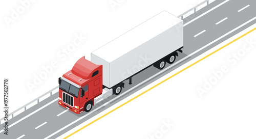 Isometric Red Semi-Truck with White Blank Trailer on Highway, Logistic and Transportation Concept Illustration