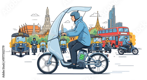 Rider on electric tricycle with umbrella in city traffic