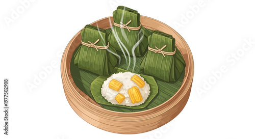 Steamed rice and vegetable dumplings in bamboo steamer