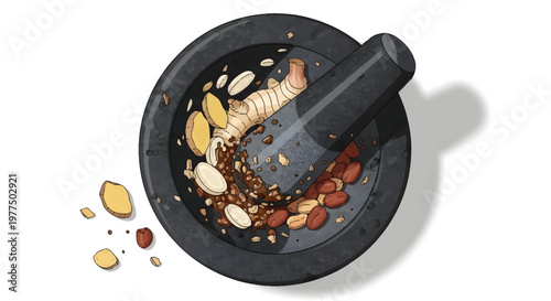 Mortar and pestle with various spices and seeds