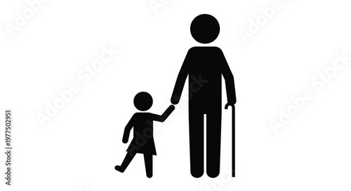 A simple black silhouette depicts an elderly man holding hands with a young child walking