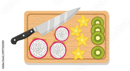 Fresh dragon fruit and kiwi slices on wooden cutting board with knife