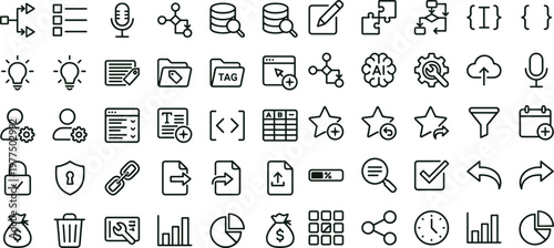 Data analytics workflow outline vector icon set for coding dashboards interfaces productivity tools management systems and digital technology applications