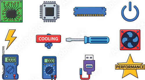 Technology and Performance Icon Set for Cooling, Hardware, Circuitry, and Device Maintenance