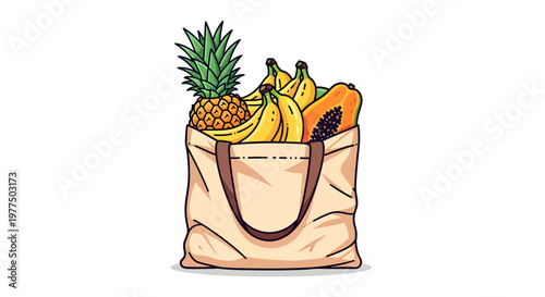 Cartoon illustration of colorful fresh fruits in a shopping bag