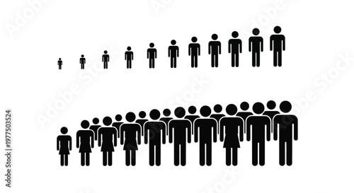 Black stick figures depict growth and population density showing increasing size and numbers