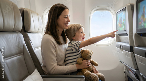 Mother and Child Enjoying In-Flight Entertainment on Airplane