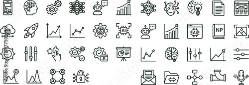 Artificial intelligence analytics outline vector icon set for dashboards interfaces workflow monitoring systems and digital technology applications