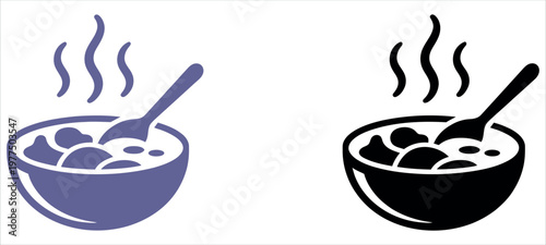Flat design illustration of two steaming hot soup bowls with spoons, ideal for comfort food, healthy eating, or winter meal marketing and educational materials.