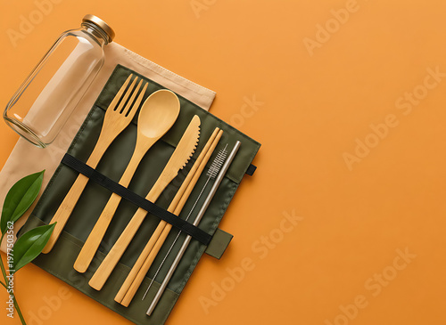 Eco Friendly Reusable Bamboo Cutlery Set with Copy Space for Sustainable Branding