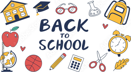 Back to school element set. Perfect for banner, poster, tag, sticker kit, scrapbooking. A colorful flat vector illustration of a “Back to School” theme, arranged as a cute educational collage 