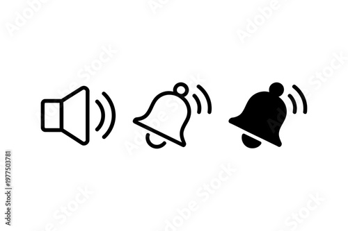 Speaker volume icon and two bell notification icons with sound waves, representing alerts and audio signals for user interface design and