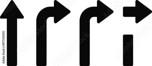 Cuadro en lienzo Directional arrow icon set, black navigation signs with straight U turn and right turn symbols for traffic guidance route direction and wayfinding design