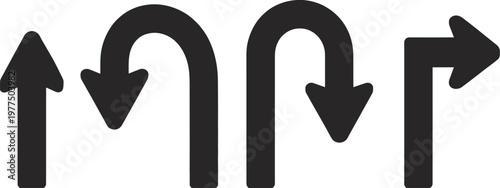 Directional arrow icon set, minimalist black vector signs featuring straight U turn and right turn arrows for navigation transportation and wayfinding systems.