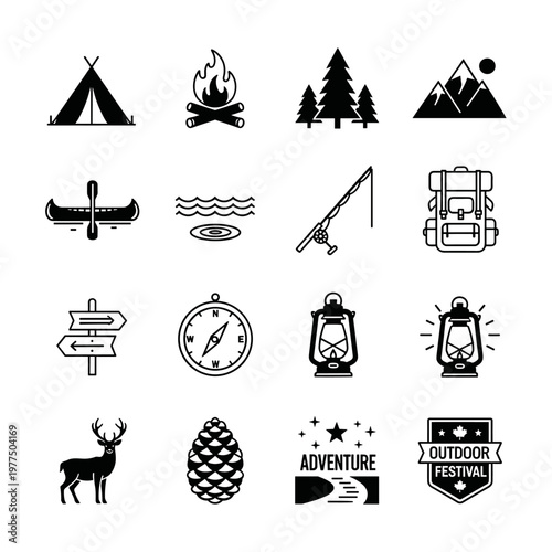 Collection of clean, scalable black vector icons representing outdoor adventure, camping, and wilderness exploration activities, featuring tents, campfires, trees, mountains,
