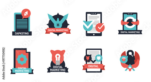 Collection of eight modern flat vector icons representing digital marketing concepts, featuring clean lines, geometric shapes, and a vibrant coral, teal, and navy blue color