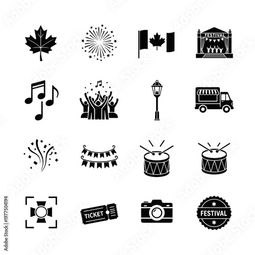 Canadian maple leaf emblem, festive fireworks display, national flag waving proudly, performance stage with performers, musical notes, jubilant crowd, vintage street lamp, food