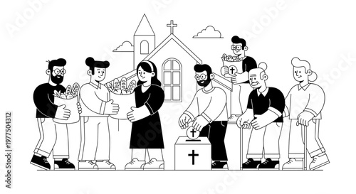 Diverse community members gather outside a church, contributing groceries and donations, symbolizing generosity, charity, and faith-based outreach activities.