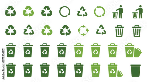 Assortment of green recycling symbols, people disposing of waste, and trash bins on white background, keywords: recycling