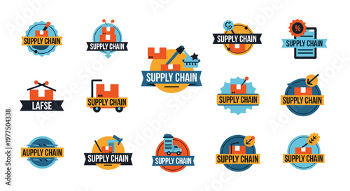 Collection of modern flat vector icons representing logistics, warehousing, and global distribution processes with clean lines, orange and blue palette, perfect for business