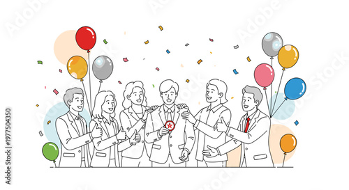 Diverse team celebrates achievement with colorful balloons and confetti, showcasing unity, success, and positive recognition in a modern business setting with clean vector lines