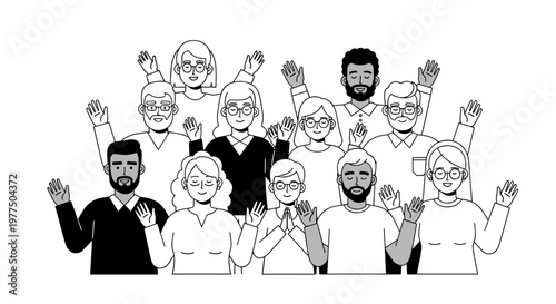 Diverse group of smiling people with raised hands, wearing glasses and varied clothing, conveying a welcoming, inclusive, and friendly community spirit through clean line art and
