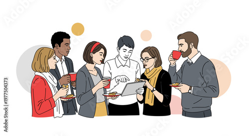 Diverse group of professionals enjoying coffee and pastries while collaborating on a tablet device, showcasing teamwork and modern workplace interaction with clean lines and a