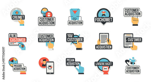 Collection of flat design icons and symbols representing customer acquisition strategies, business growth concepts, and marketing engagement through digital interfaces and human
